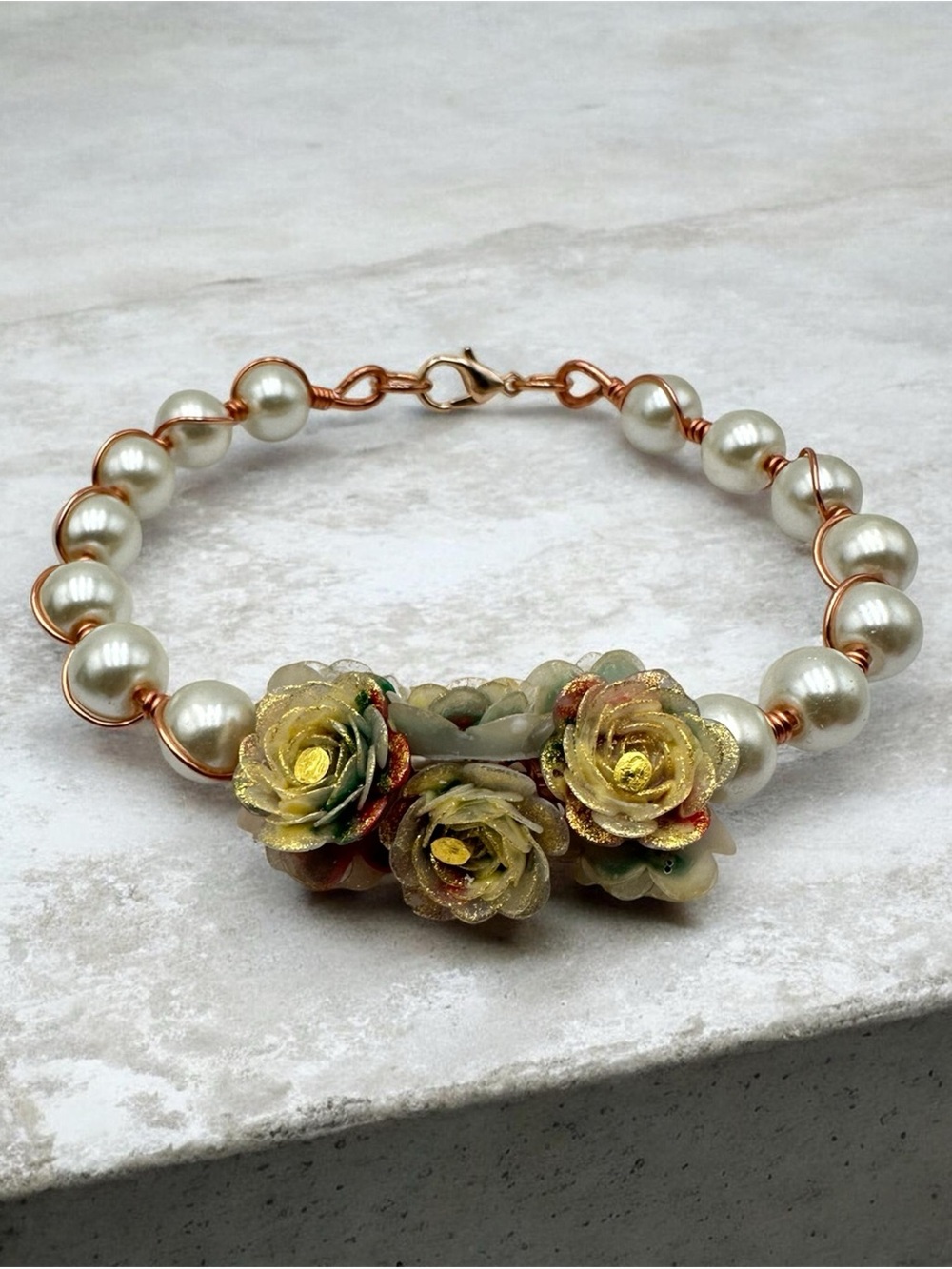 Pearl Beaded Floral Bracelet Handmade Rose Wire Wrapped Jewelry Gift